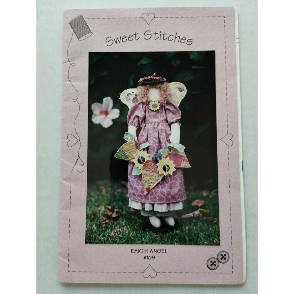109 Earth Angel Stuffed Folk Art Doll with Wings, Hearts, and Flowers